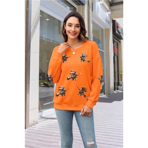 Halloween Sweatshirt – Sequin Ghost Graphic Pullover Crewneck Sweater - Picture 2 of 4